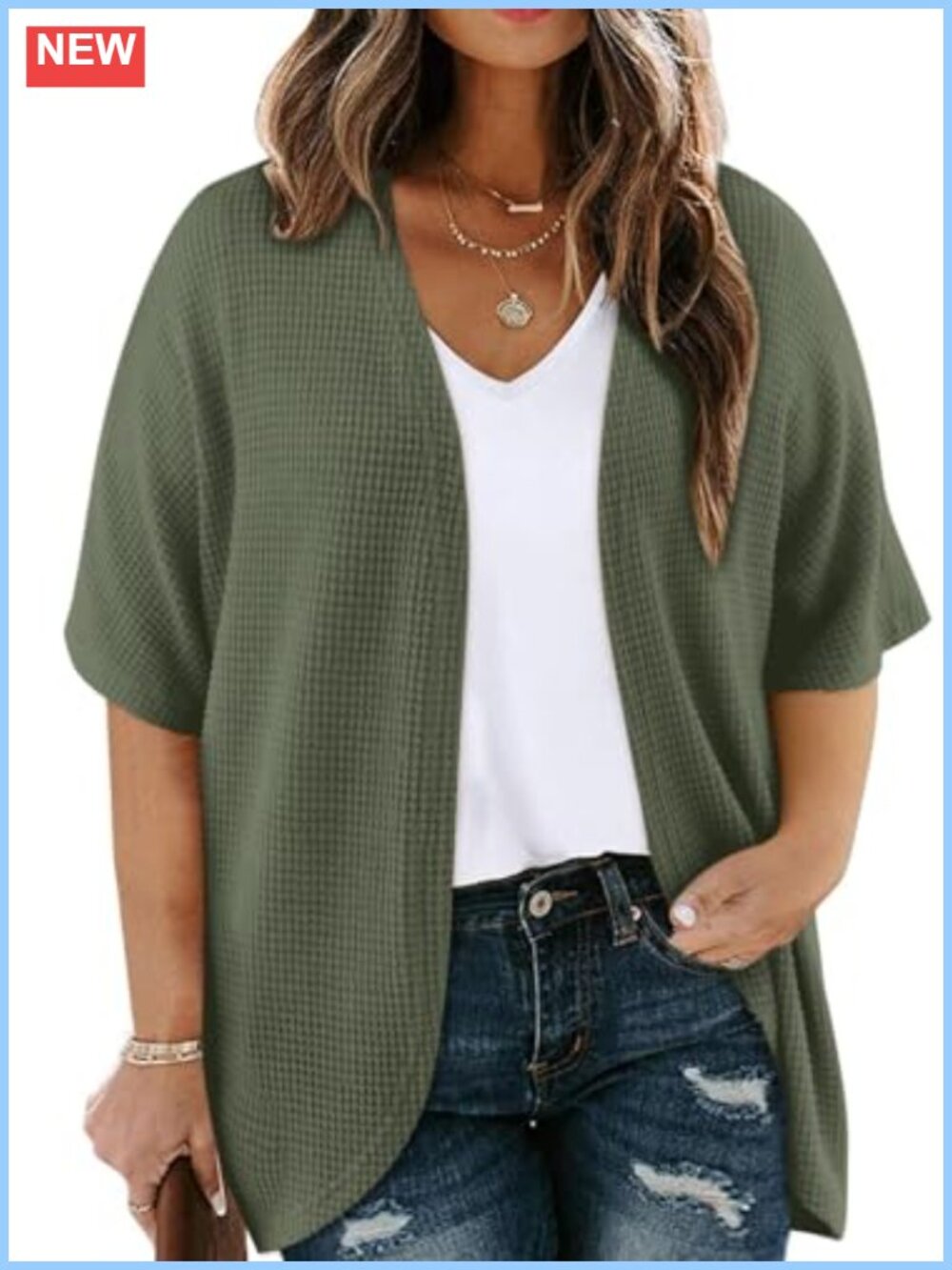 Plus Size Waffle Knit Kimono Cardigan Short Sleeve Open Front Casual Top